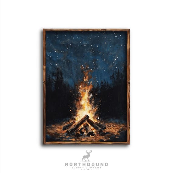 Campfire Under The Stars Art Print Starry Sky And Pine Trees Rustic Outdoor Scene Warm Glow Art Cabin Decor Lake House Decor