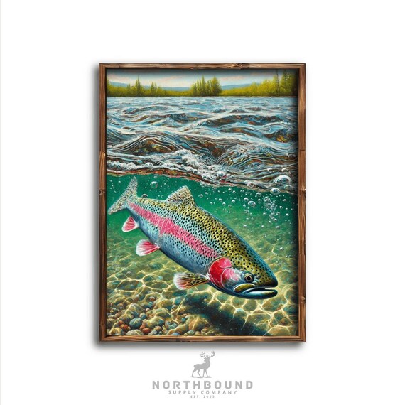 Rainbow Trout Underwater Freshwater River Wildlife Painting Poster