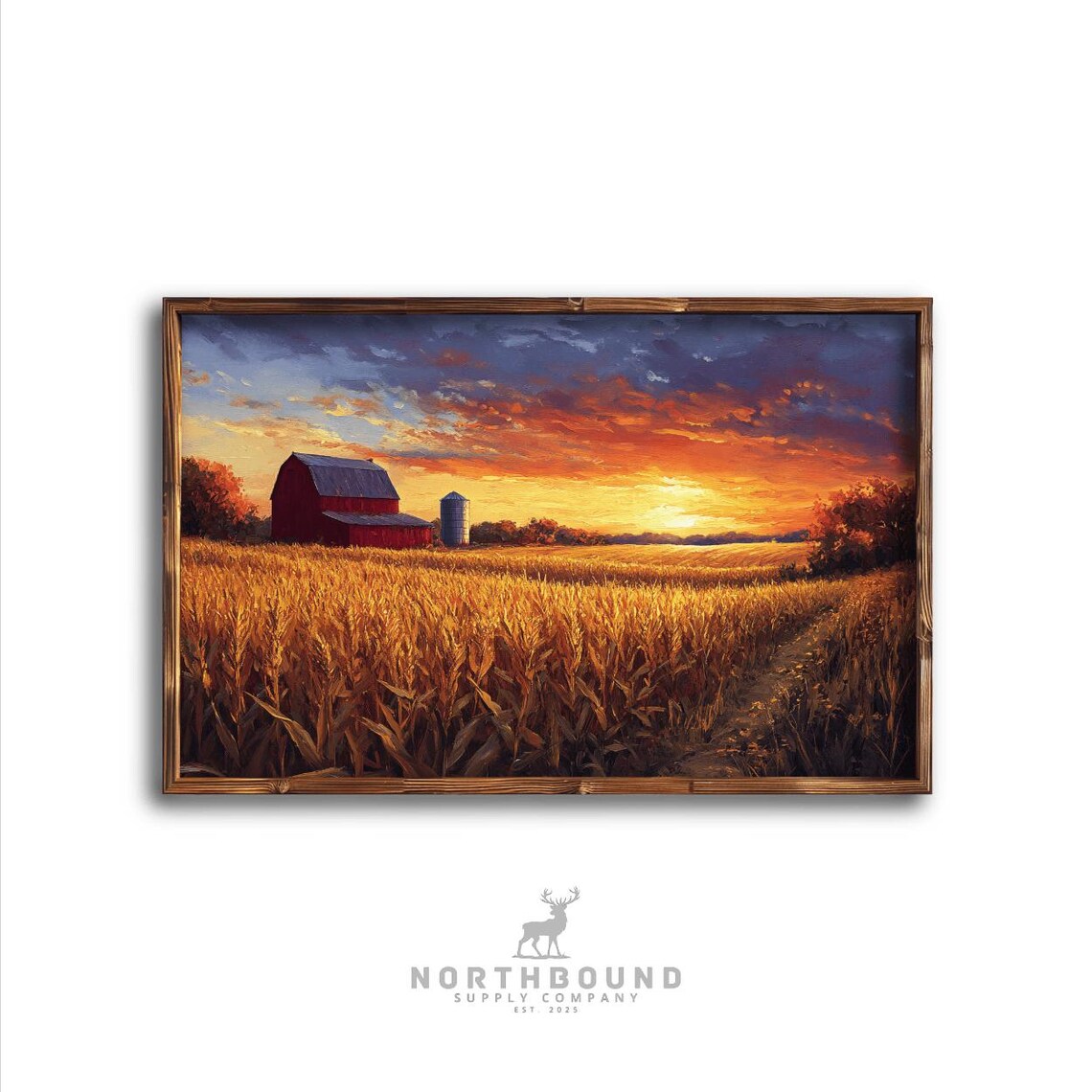 Red Barn Sunset Golden Wheat Field Rural Farm Landscape Poster