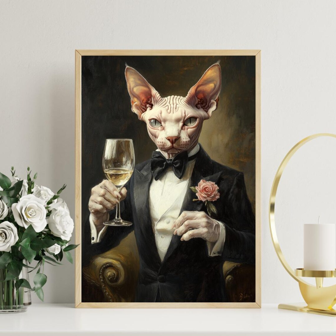 Sphynx Cat In Tuxedo Holding White Wine With Pink Rose Boutonniere Poster - Image 3