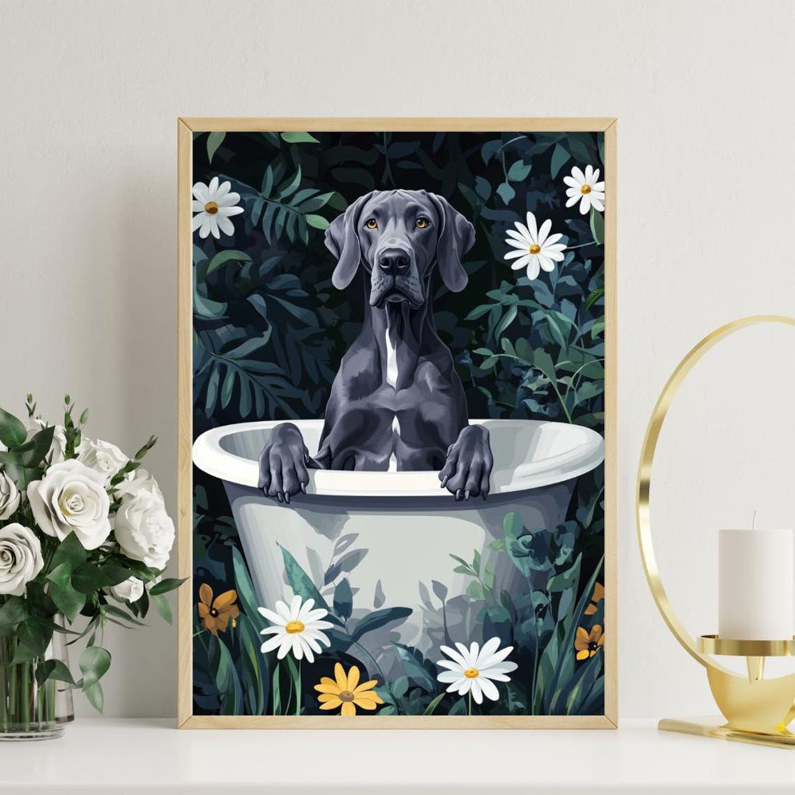 Great Dane in Bathtub Big Gray Dog Bathroom Daisy Floral Art Poster - Image 3
