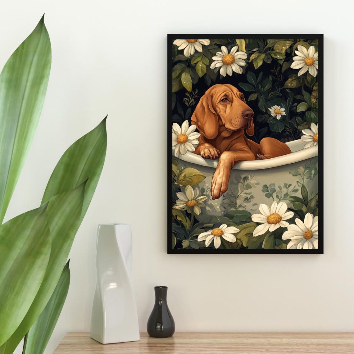Bloodhound Lounging In A Daisy Filled Bathtub Funny Dog Poster - Image 2
