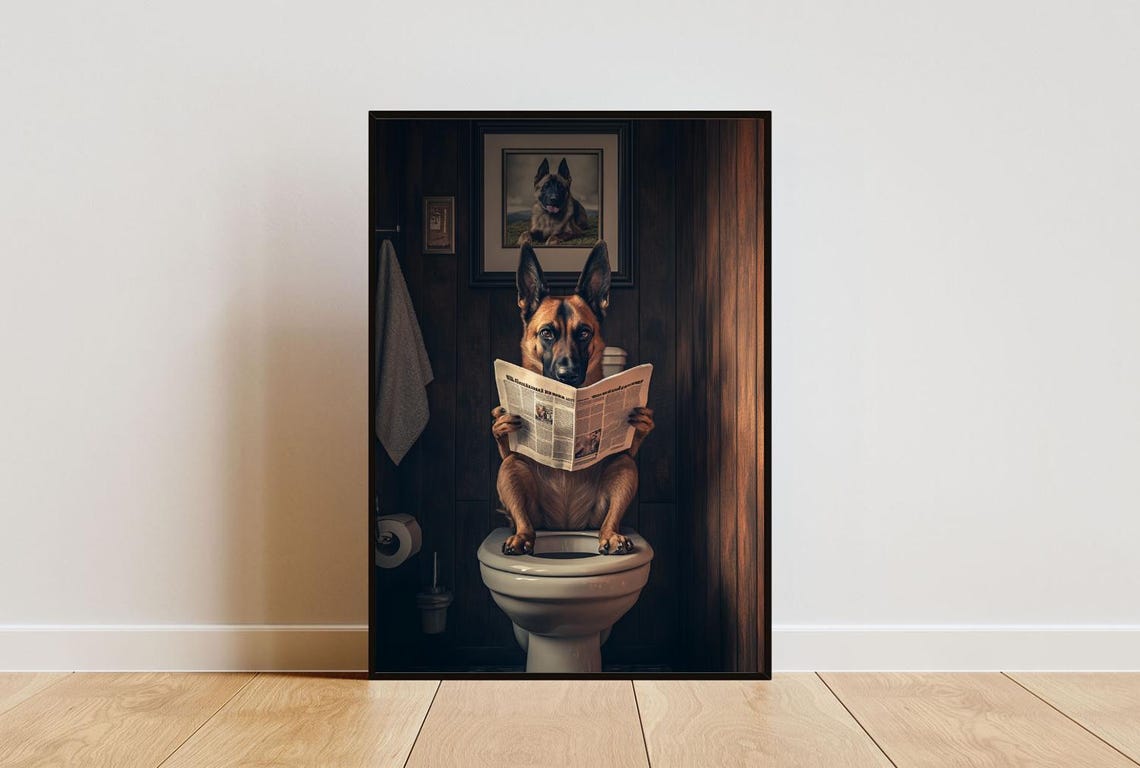 Belgian Malinois Dog Reading Newspaper On Toilet Funny Bathroom Poster