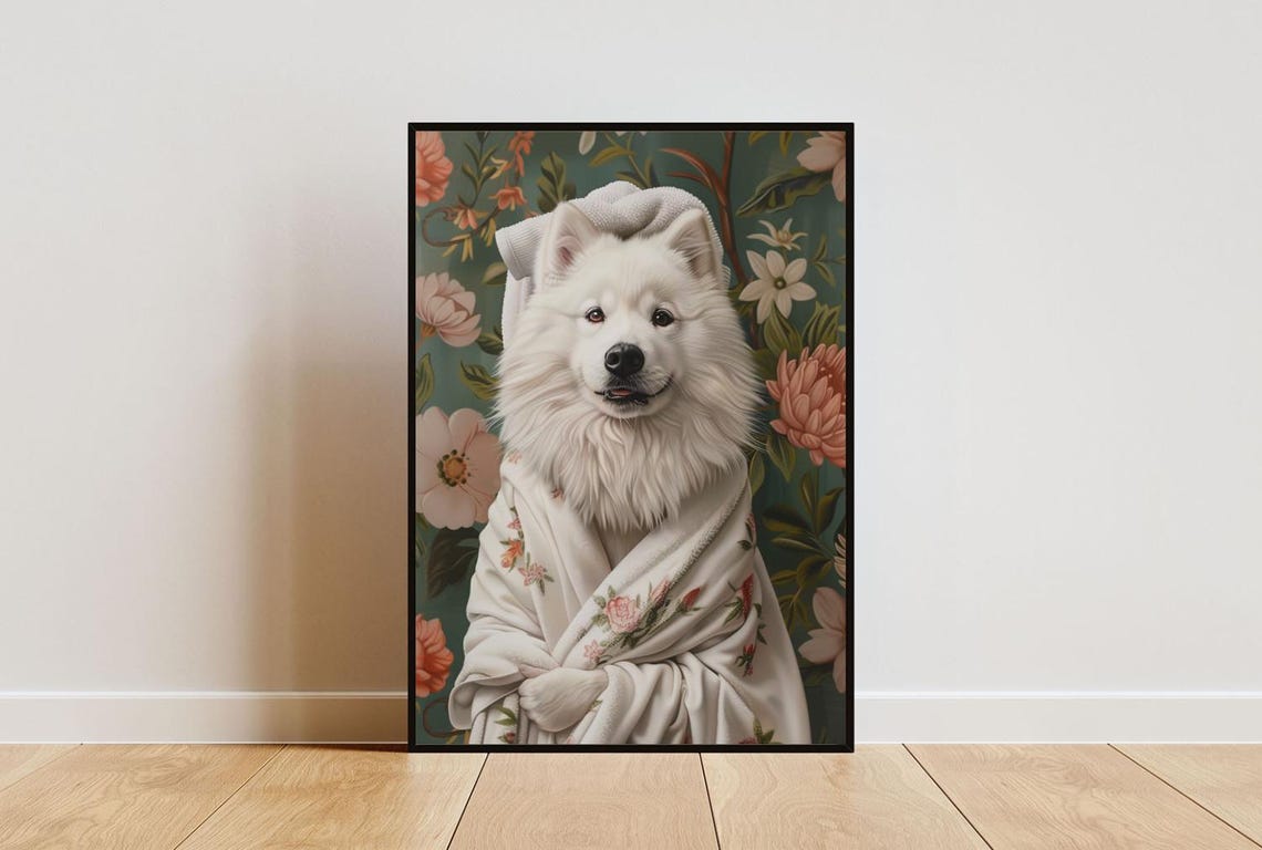 Samoyed in Bathrobe Dog Portrait Poster Cute Spa Day Bathroom Decor