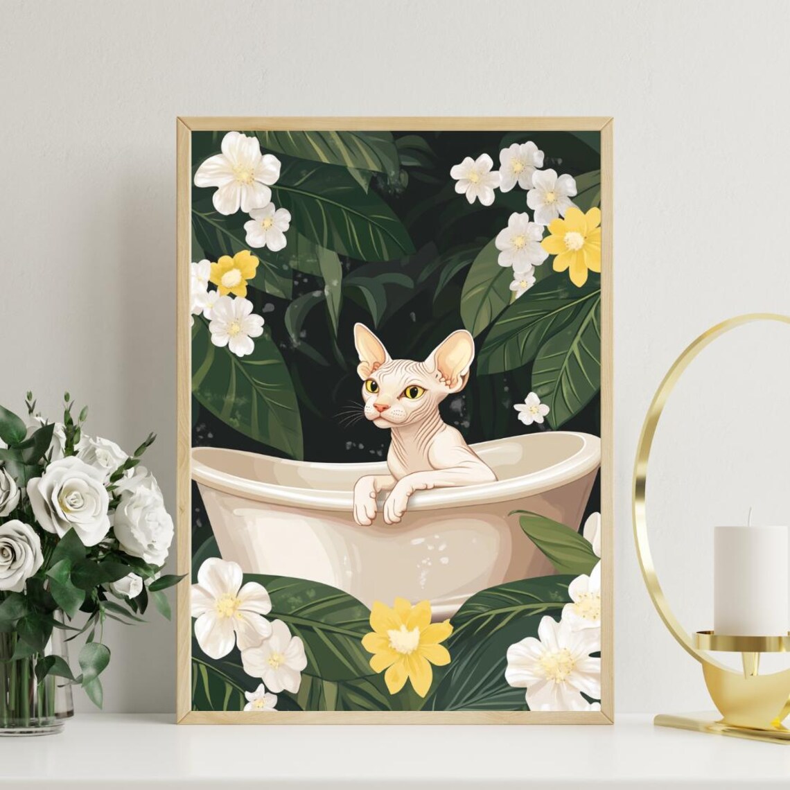 Sphynx Cat in Bathtub Botanical Bathroom Poster Funny Quirky Room Decor - Image 3