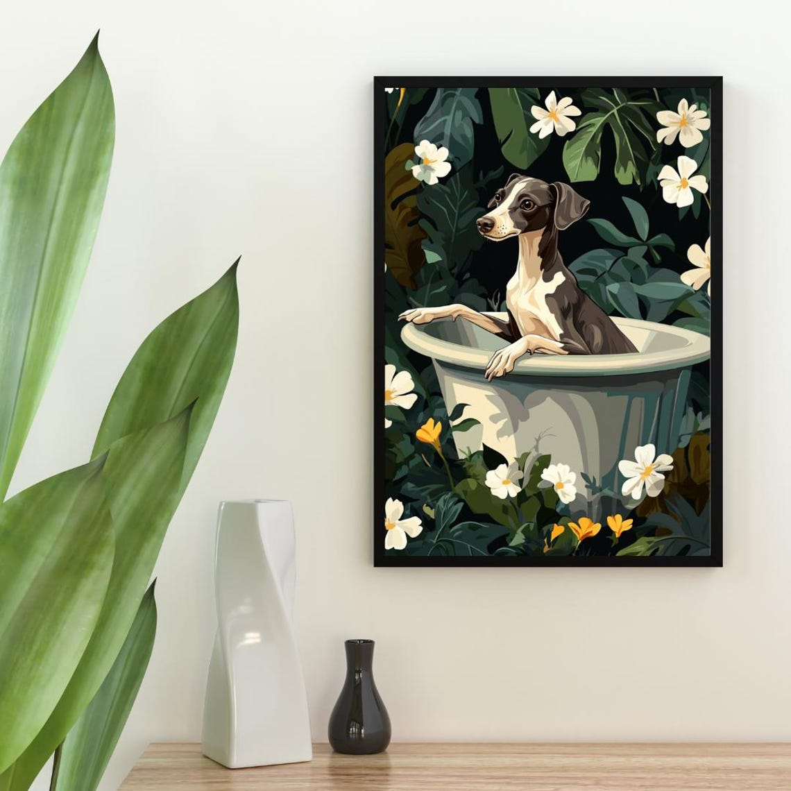Whippet Lounging In Bathtub Surrounded By White Flowers Dog Poster - Image 2