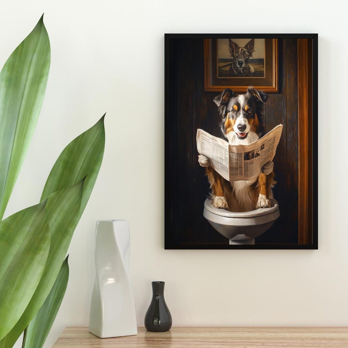 Australian Shepherd On Toilet Reading Funny Bathroom Dog Poster - Image 2