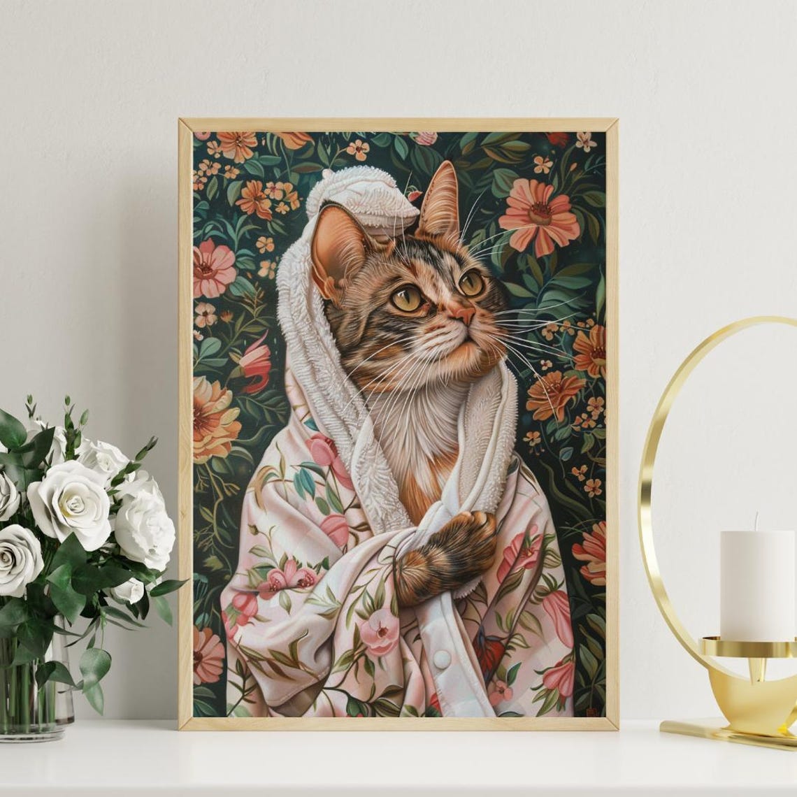 Tortoiseshell Cat In Bathrobe Spa Day Funny Portrait Wall Poster - Image 3