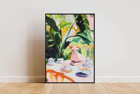 Sphynx Cat Tea Party Oil Painting Poster Elegant Vintage Cat Portrait