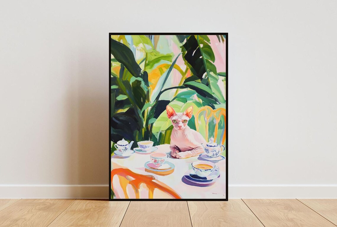 Sphynx Cat Tea Party Oil Painting Poster Elegant Vintage Cat Portrait
