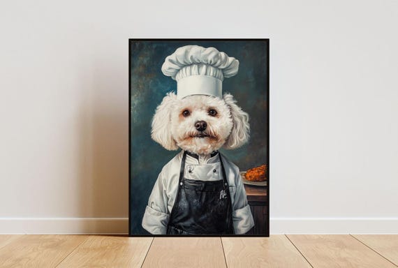 Bichon Frise In Chefs Hat Poster Pet Poster Bichon Frise In Apron Print Funny Dog Wall Art Bichon Frise Portrait Dog Kitchen Poster