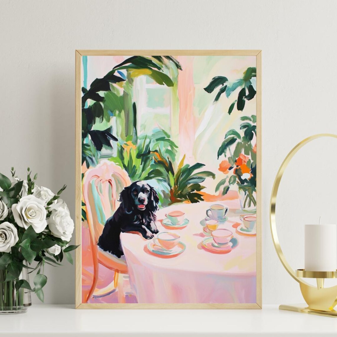 Boykin Spaniel Dog Tea Party Black Puppy Colorful Oil Painting Poster - Image 3