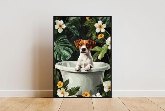 Russell Terrier In Bathtub Poster Funny Dog Poster Russell Terrier Bathroom Print Russell Terrier Bath Poster Pet Dog Bathroom Wall Art