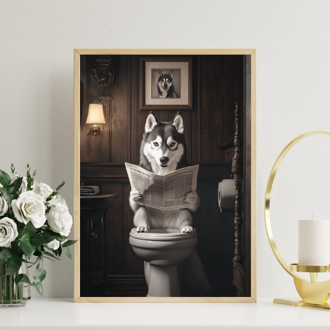 Husky on Toilet Dog Bathroom Art Print - Image 3