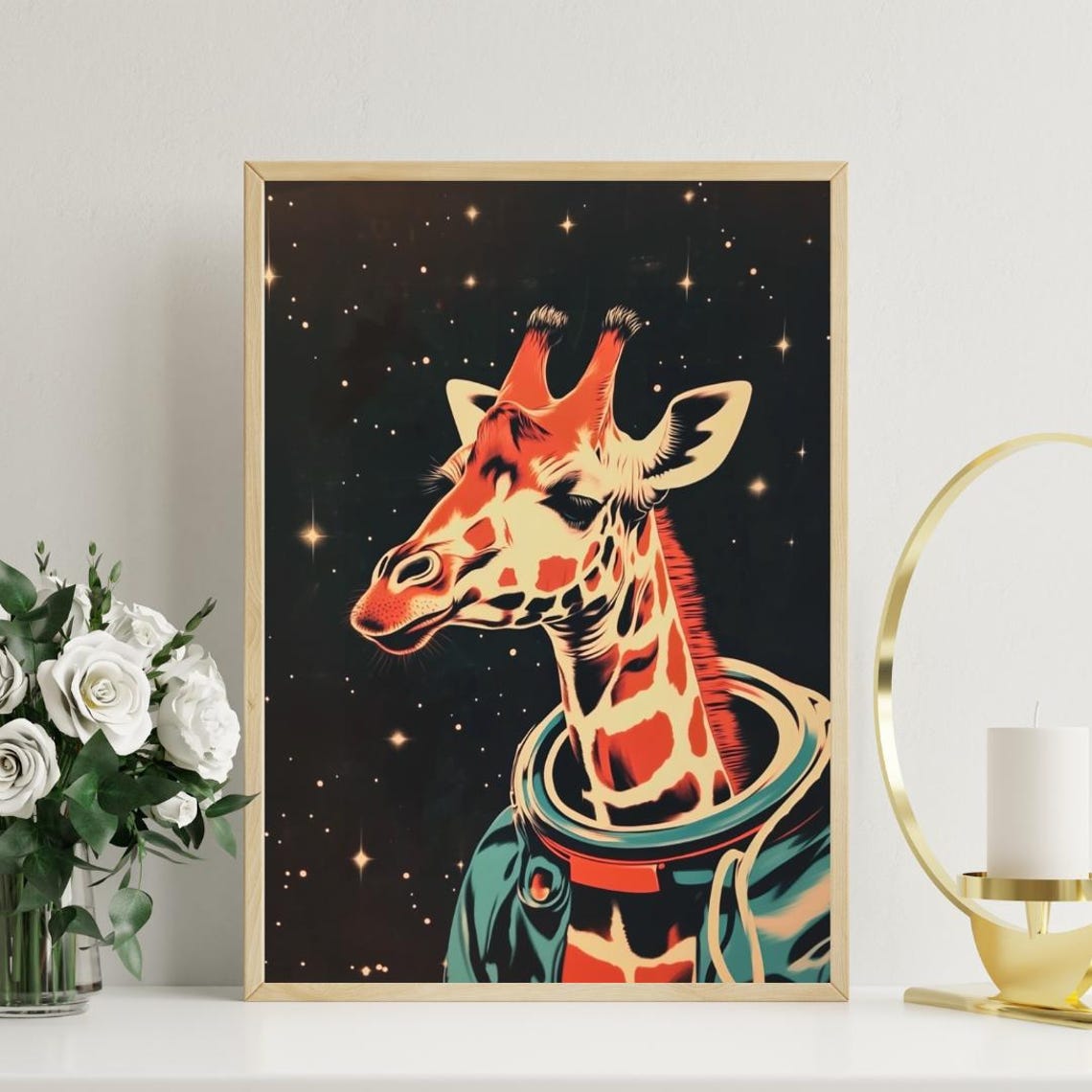 Giraffe Astronaut Starry Night Retro Vintage Space Portrait Poster - Image 3