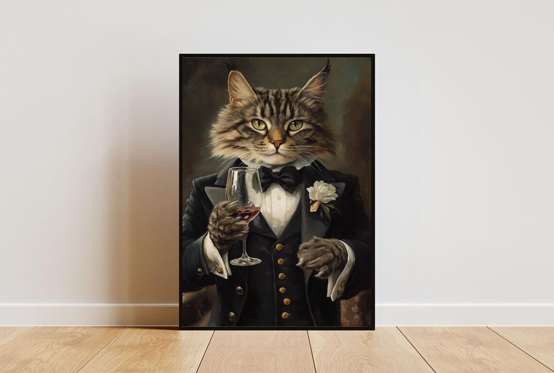 Siberian Cat In Tuxedo Holding Rose Wine With White Flower Portrait Poster
