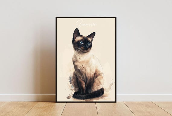 Siamese Cat Watercolor Art Print, Personalized