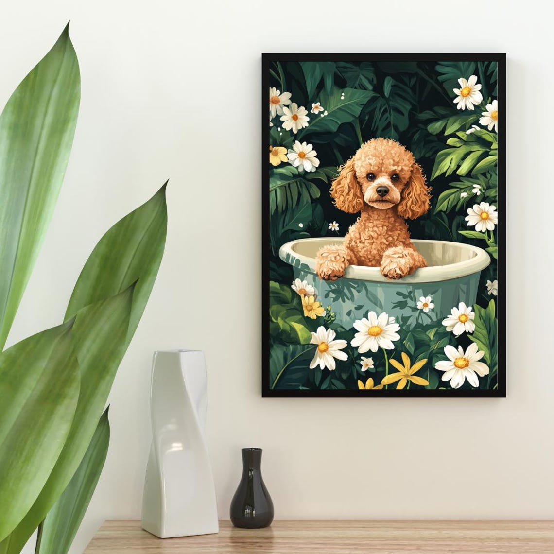 Poodle in Bathtub Curly Apricot Puppy Bathroom Daisy Art Poster - Image 2