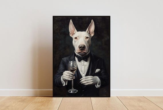 Bull Terrier In Tuxedo Poster Pet Bull Terrier In Suit Print Bull Terrier Portrait Dog Living Room Poster Funny Bull Terrier Print