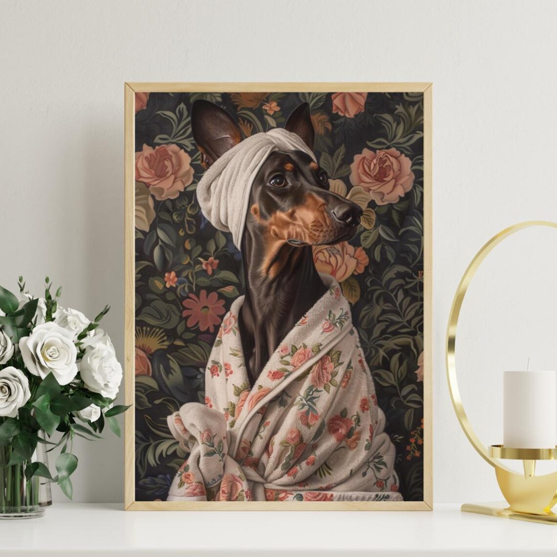 Doberman Pinscher in Bathrobe Floral Wallpaper Bathroom Art Poster - Image 3