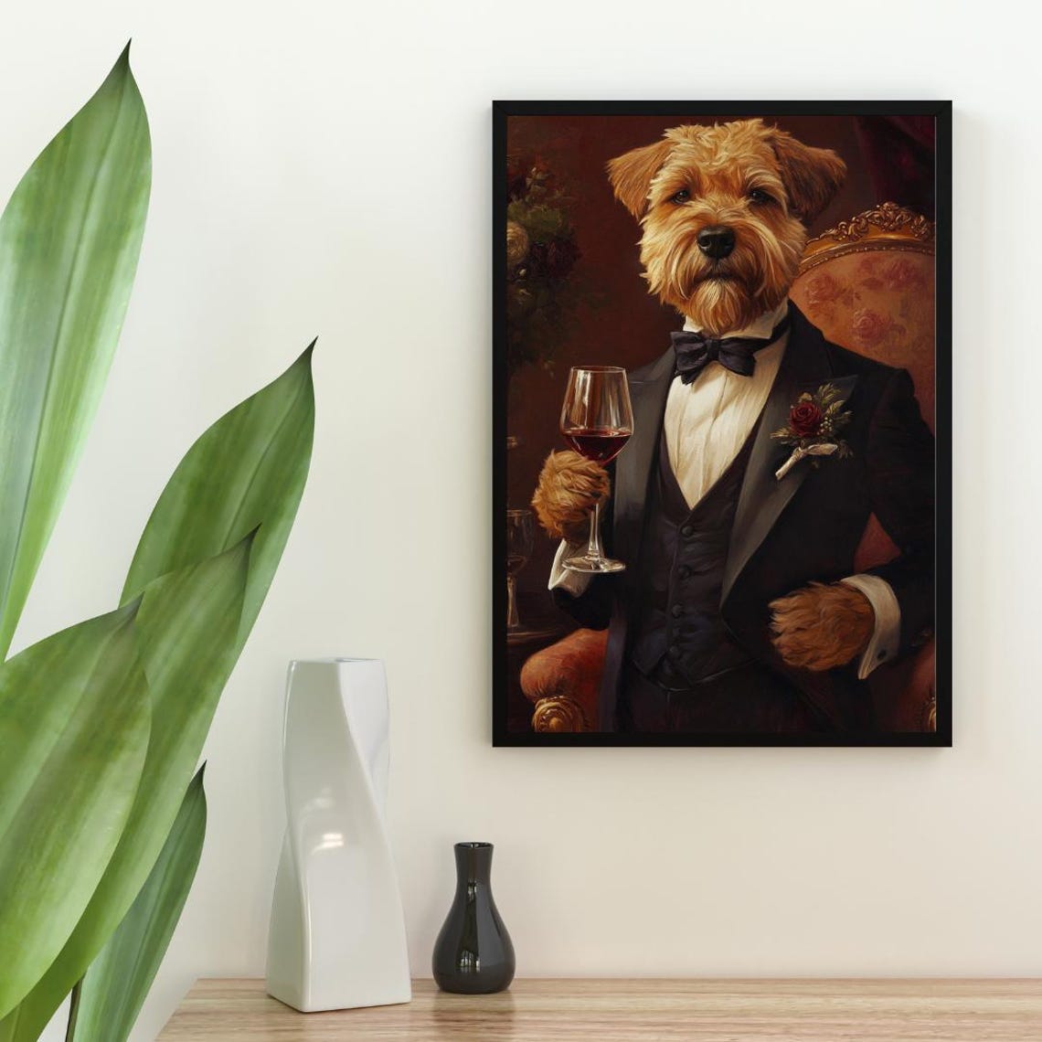Soft Coated Wheaten Terrier In Tuxedo Holding Red Wine Portrait Poster - Image 2