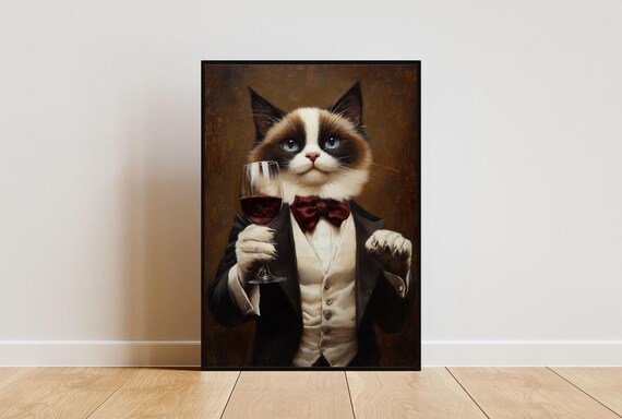 Ragdoll Cat In Tuxedo Holding Red Wine With Red Bow Tie Portrait Poster