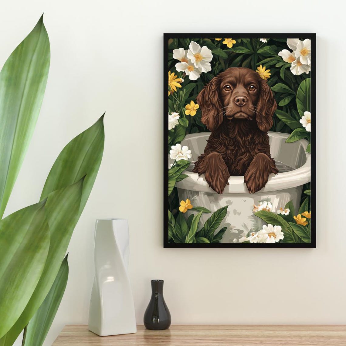 Boykin Spaniel Bathtub Dog Portrait Poster Funny Floral Bath Decor - Image 2