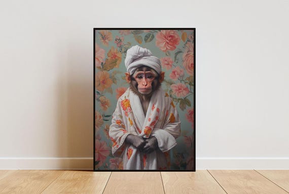 Monkey In Bathrobe Poster Animal Poster Monkey Bathroom Print Animal Wall Art Monkey Portrait Animal Bathroom Poster Funny Monkey Art