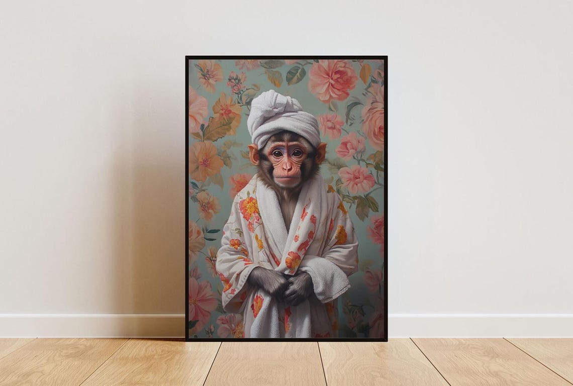 Funny Monkey in Bathrobe Floral Wallpaper Bathroom Art Poster