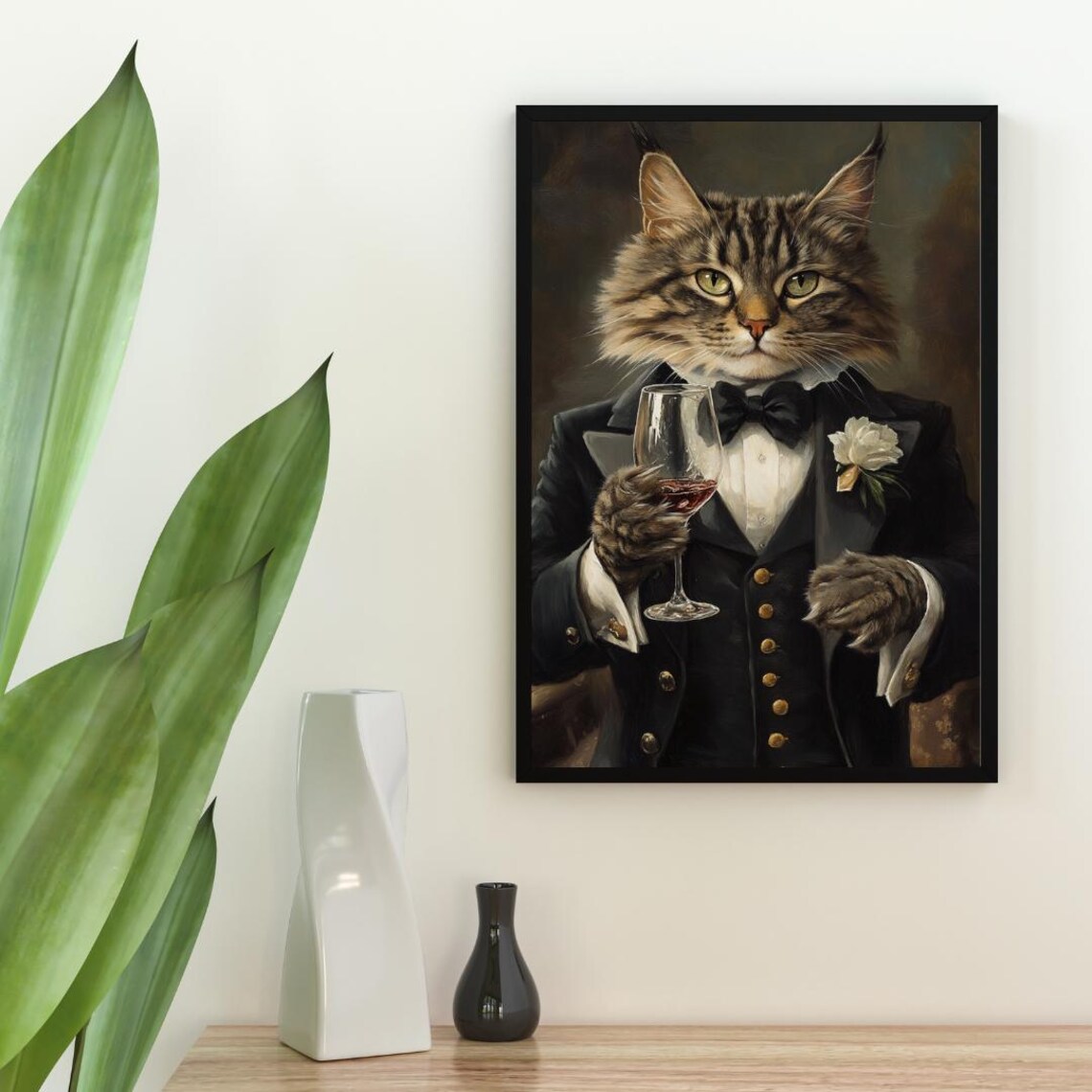 Siberian Cat In Tuxedo Holding Rose Wine With White Flower Portrait Poster - Image 2