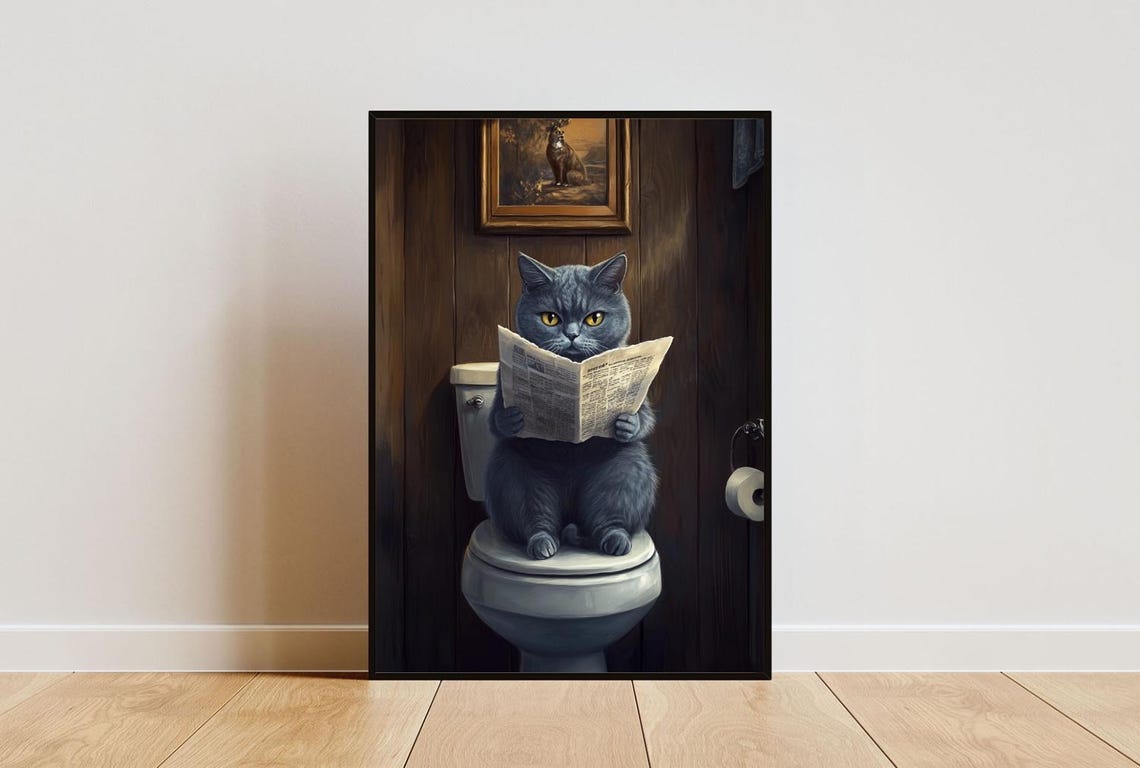 Russian Blue Cat on a Toilet Reading a Newspaper in a Bathroom Poster