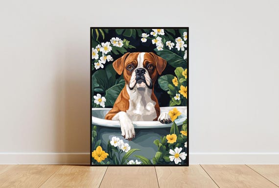 Boxer In Bathtub Poster Funny Dog Poster Boxer Bathroom Print Boxer Bath Poster Pet Poster Dog Bathroom Wall Art Funny Boxer Dog Print