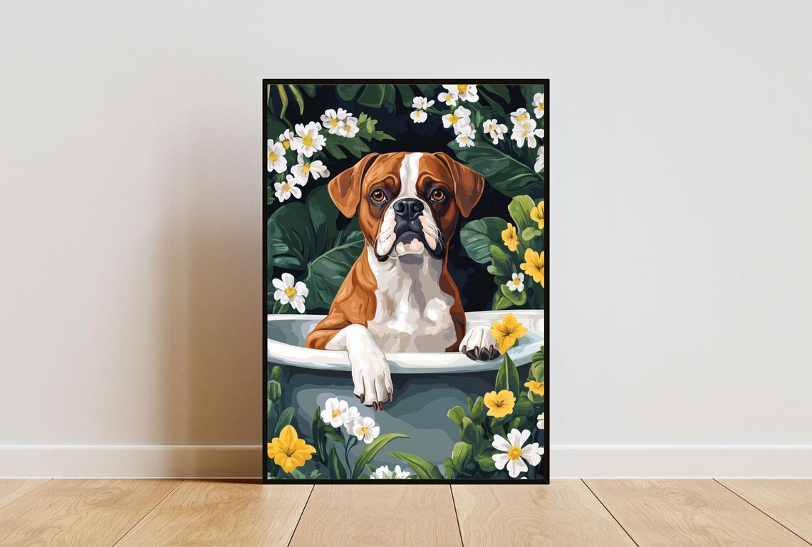 Boxer in Bathtub Funny Dog Bathroom Tropical Leaves Floral Art Poster