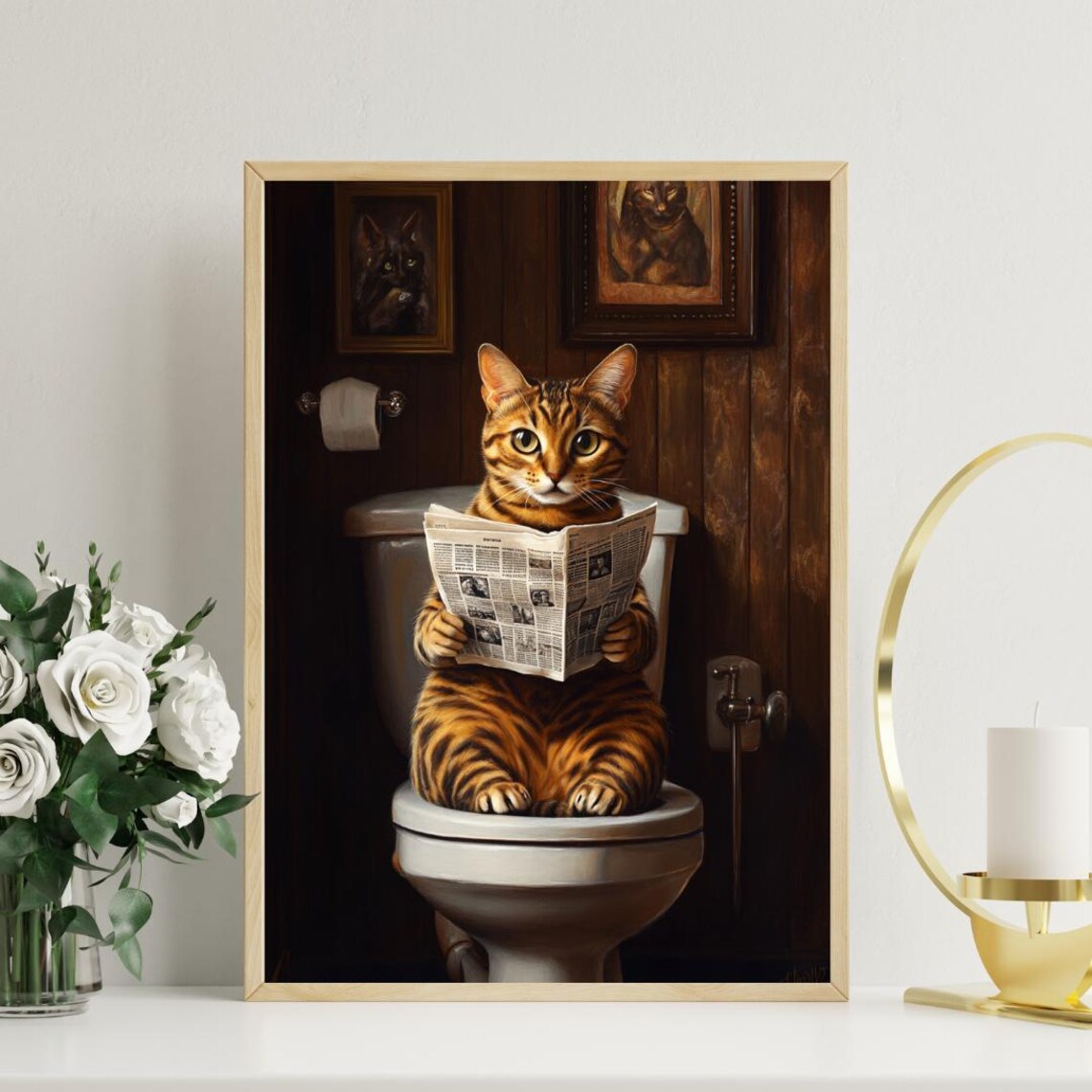 Bengal Cat on a Toilet Reading a Newspaper in a Vintage Bathroom Poster - Image 3