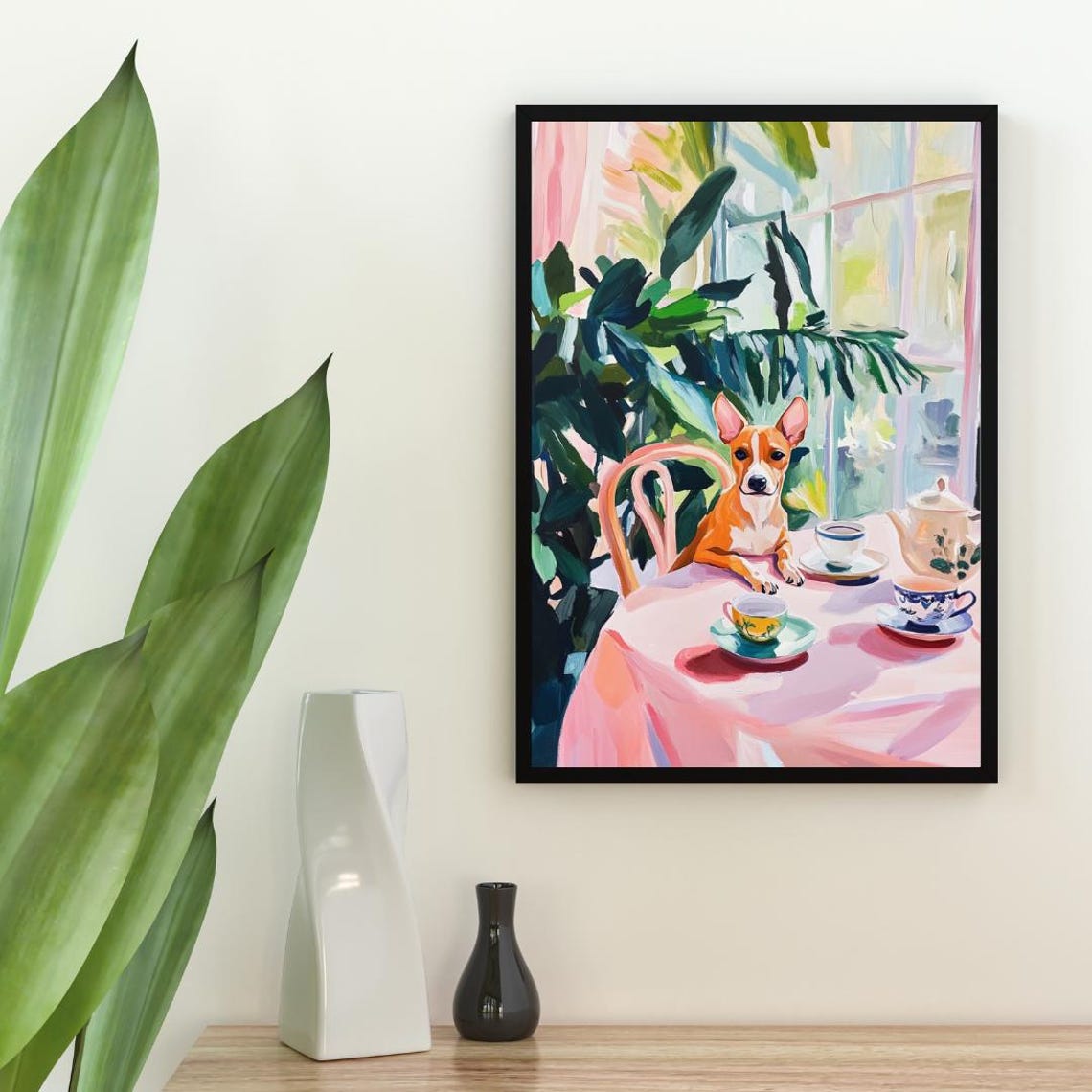 Basenji Dog Tea Party Tan Puppy Colorful Oil Painting Pet Poster - Image 2
