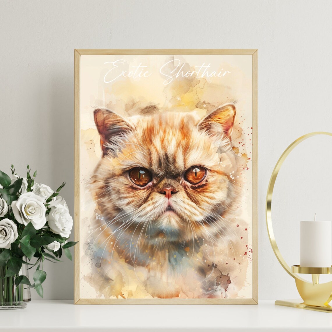 Exotic Shorthair Cat Watercolor Portrait Golden Eyes Fine Art Poster - Image 3