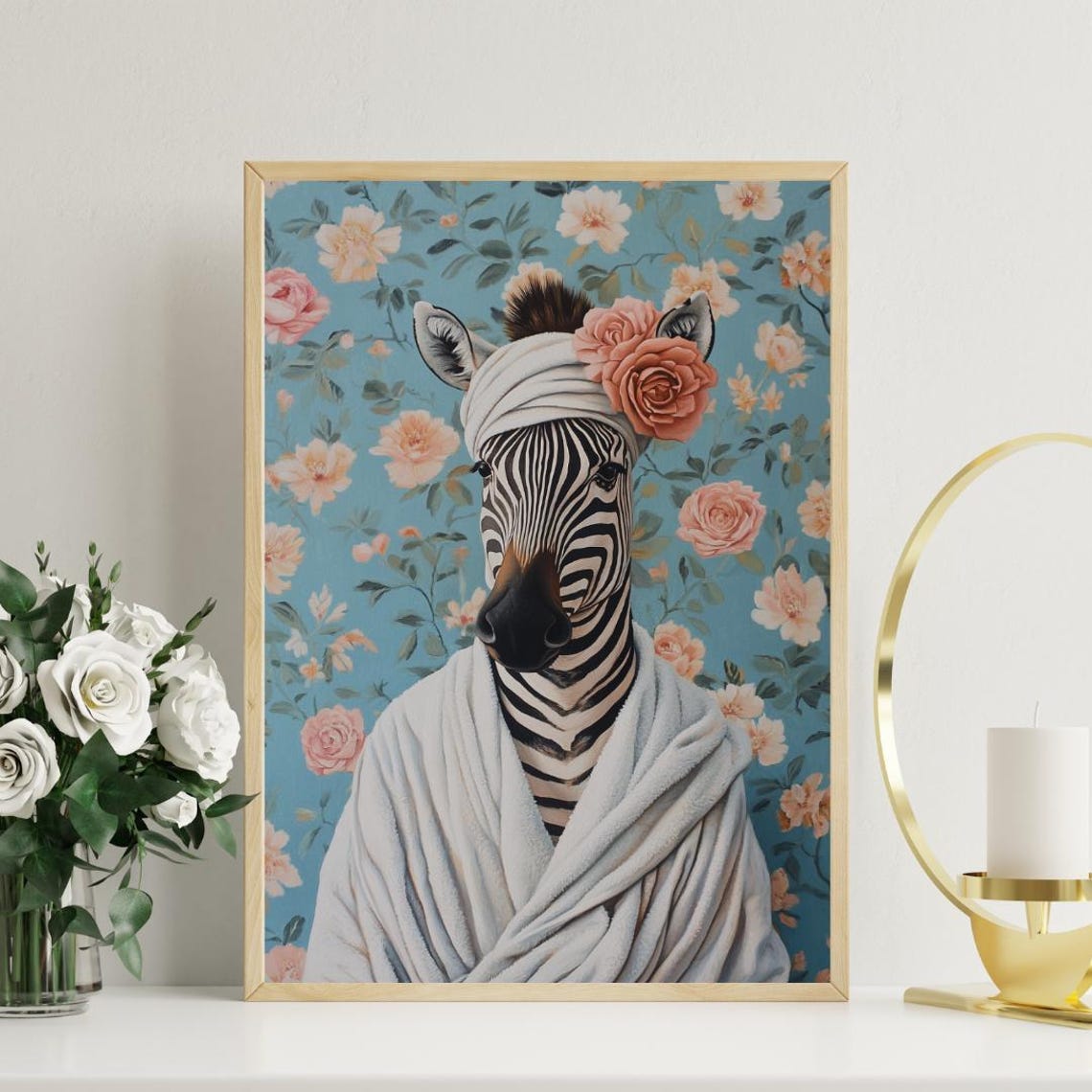 Zebra In White Bathrobe With Rose Towel Turban Funny Animal Poster - Image 3