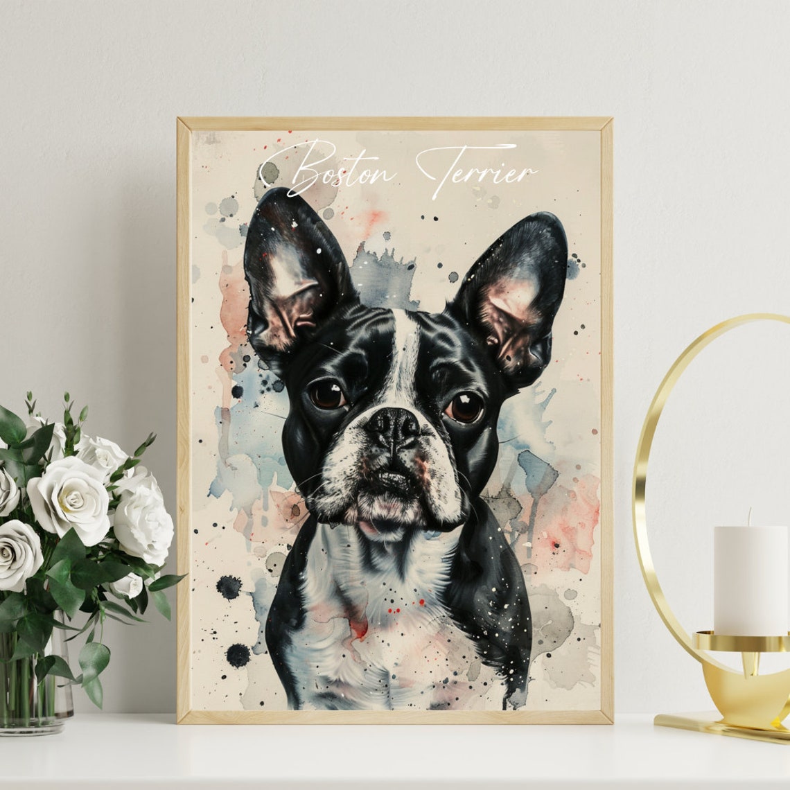 Boston Terrier Watercolor Dog Breed Portrait Poster Script Name Detail - Image 3
