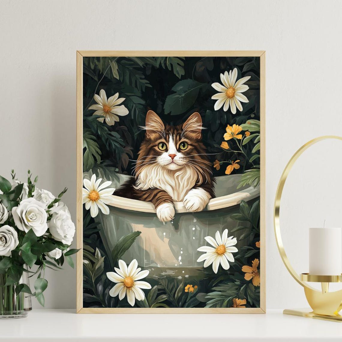 Norwegian Forest Cat Bathtub Daisy Vintage Botanical Art Poster - Image 3