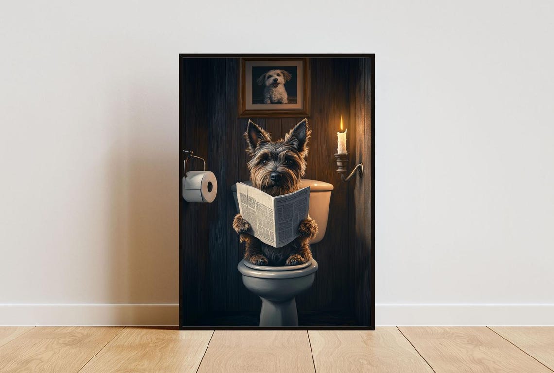 Scottish Terrier On Toilet Reading Newspaper Funny Bathroom Poster