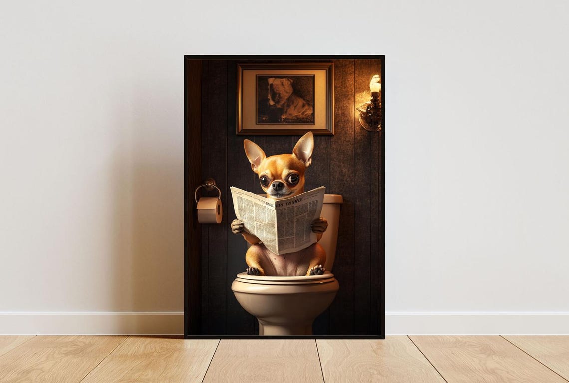 Chihuahua On Toilet Poster Dog Poster Chihuahua Bathroom Print Dog Toilet Wall Art Chihuahua Portrait Dog Bathroom Poster Dog Print