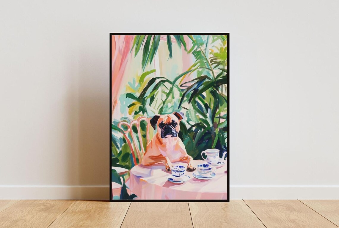 Boxer Dog Retro Garden Tea Party Vintage Pastel Painting Poster