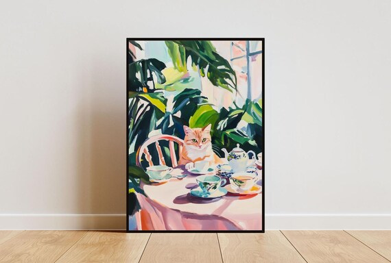 British Shorthair Cat Tea Party Colorful Oil Painting Vintage Poster