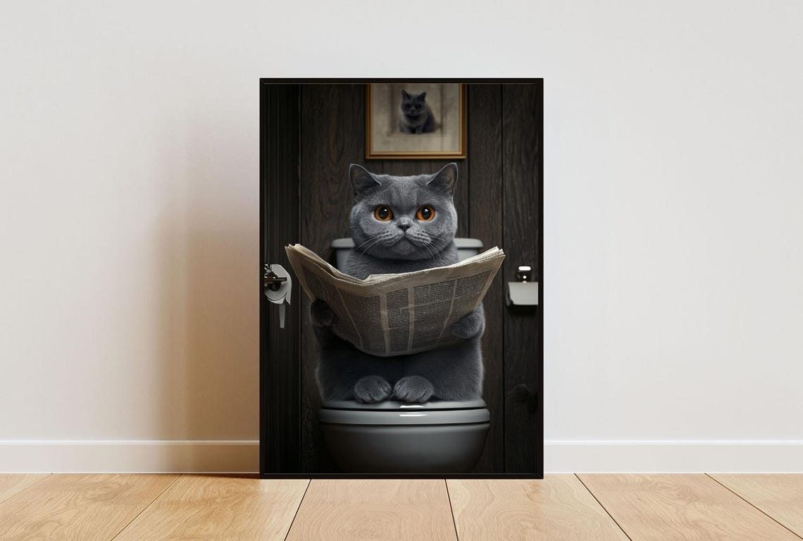 British Shorthair Cat on a Toilet Reading a Newspaper Poster