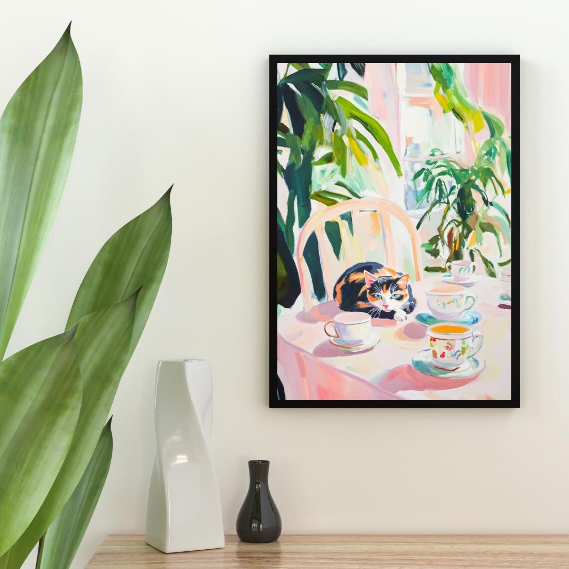 Retro Tortoiseshell Cat Oil Painting Art Print - Image 2