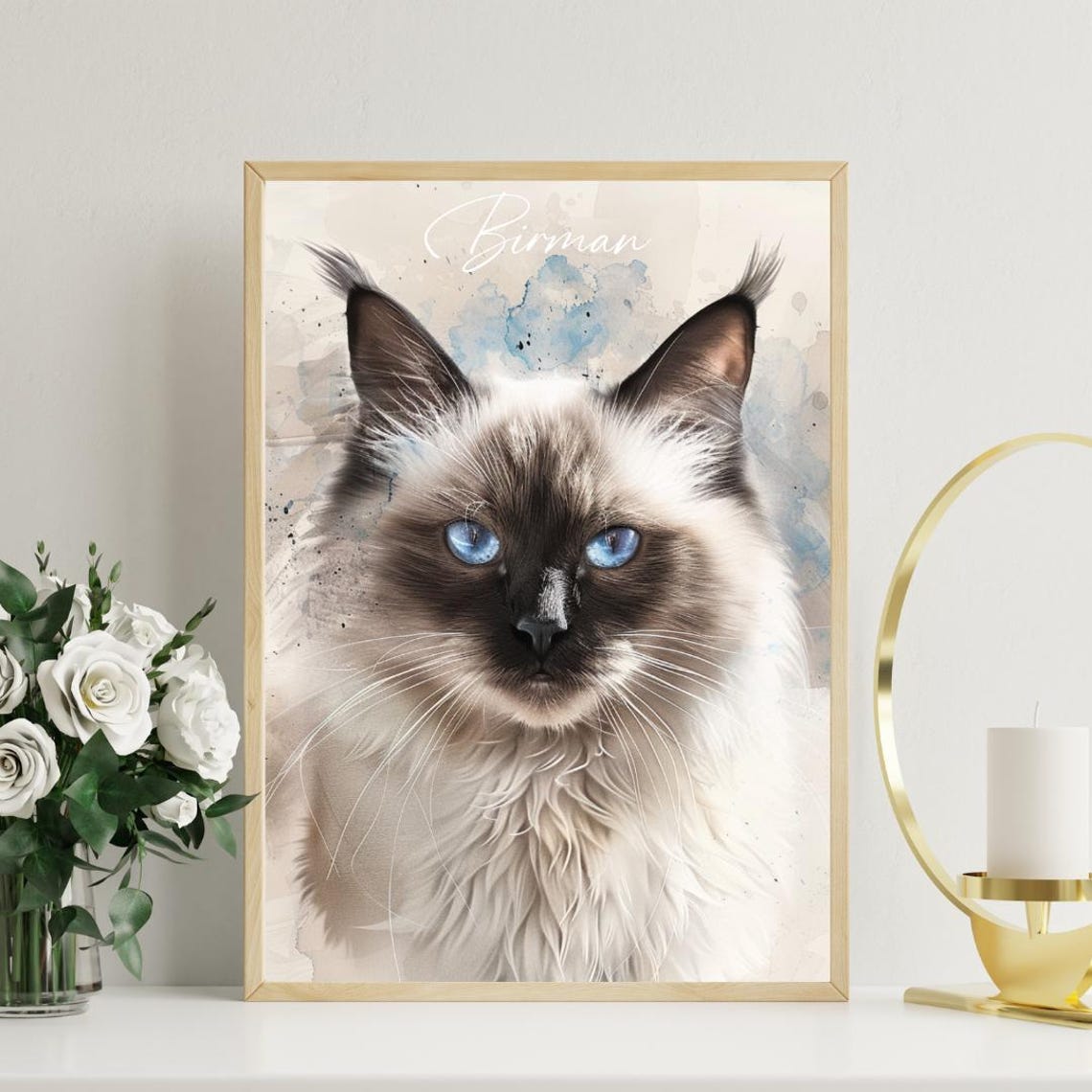 Birman Cat Watercolor Portrait Blue Eyes Elegant Fine Art Poster - Image 3
