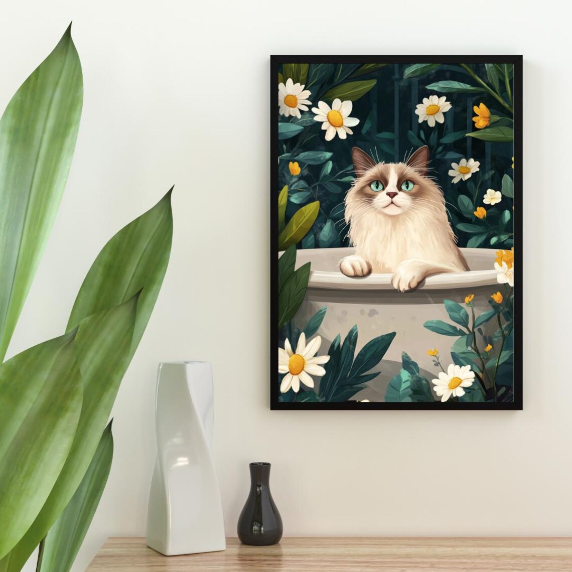 Ragdoll Cat in Bathtub Botanical Bathroom Poster Funny Daisy Room Decor - Image 2
