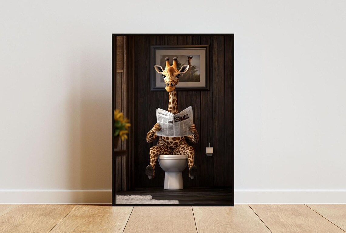 Giraffe On Toilet Poster, Bathroom Animal Print