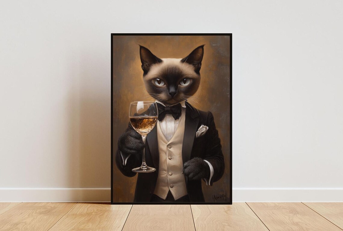 Siamese Cat In Tuxedo Holding White Wine Glass Regal Formal Feline Portrait Poster