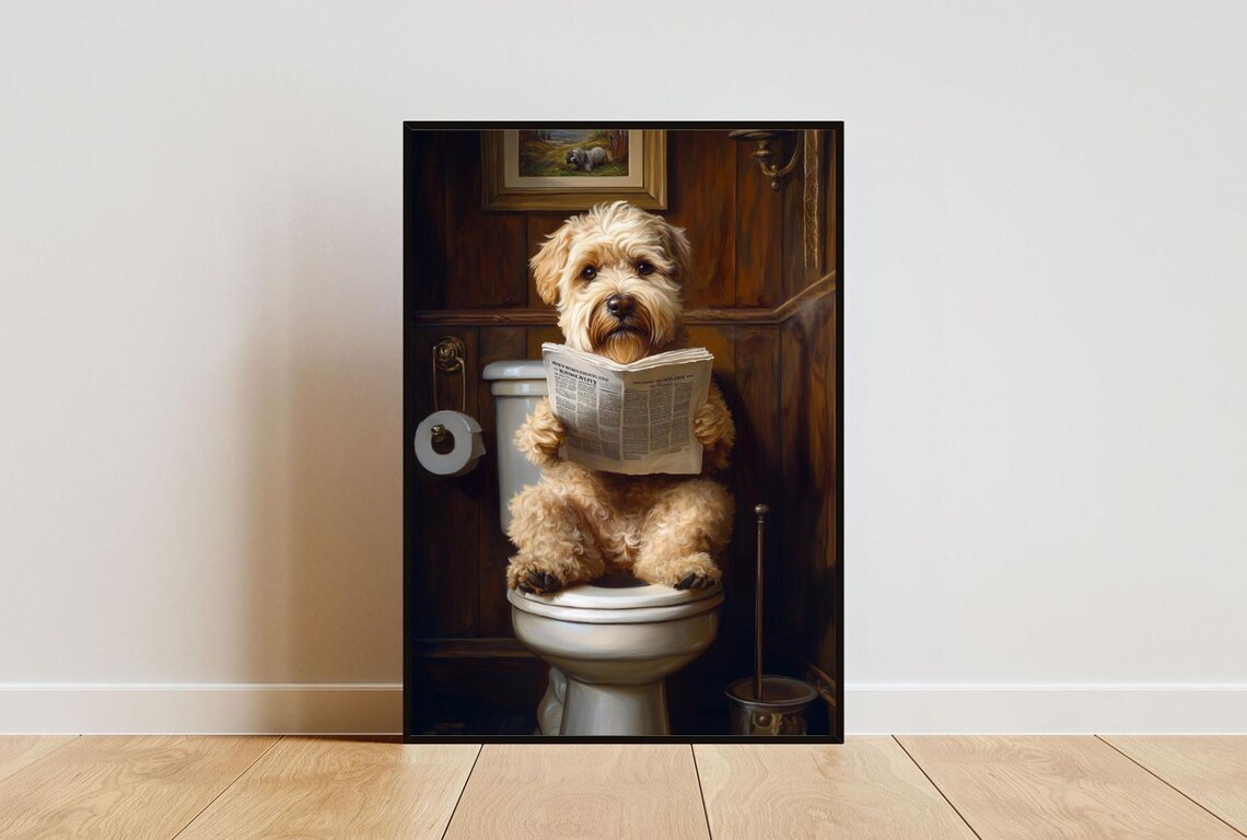 Soft Coated Wheaten Terrier On Toilet Poster Dog Poster Wheaten Terrier Bathroom Print Dog Wheaten Terrier Portrait Dog Bathroom Poster
